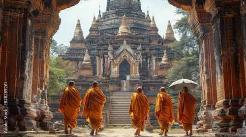 Buddhism novices are walking with umberella in temple, Bagan, Myanmar photo