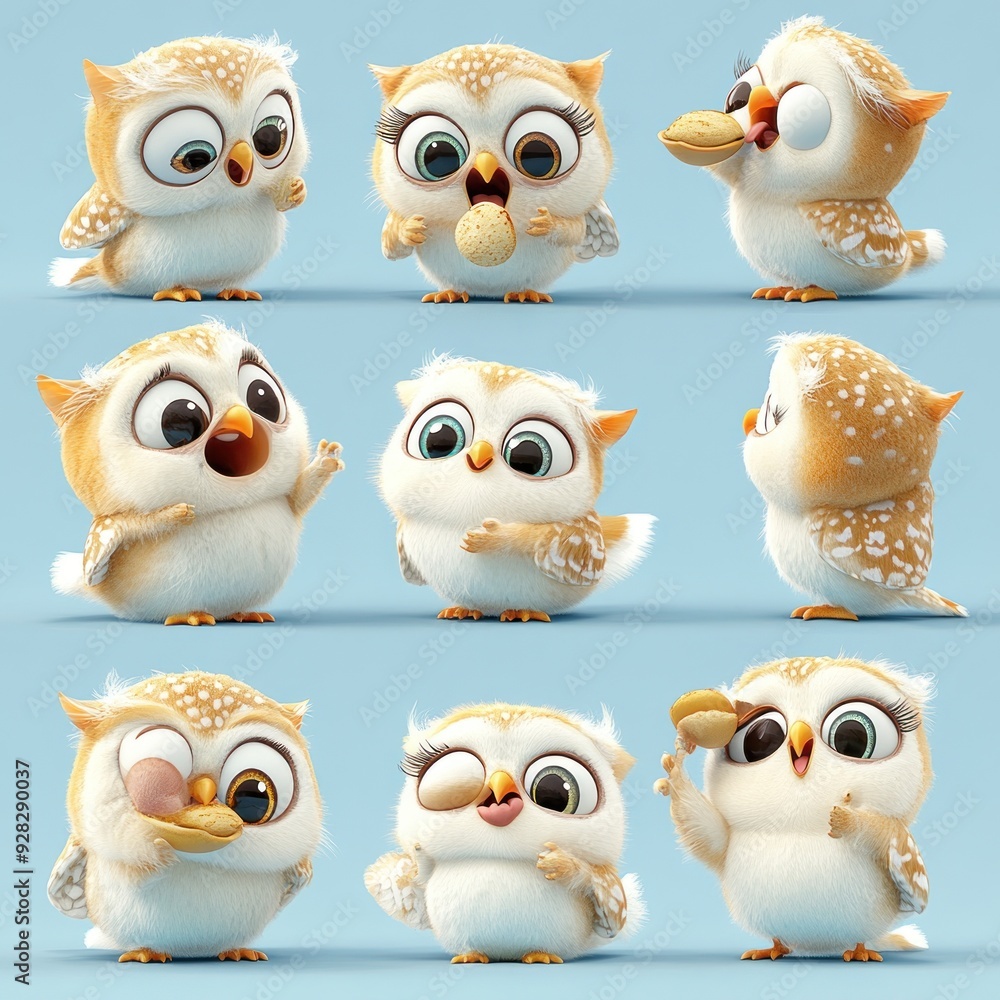 Fototapeta premium Cute animated owls displaying various emotions and actions with snacks.