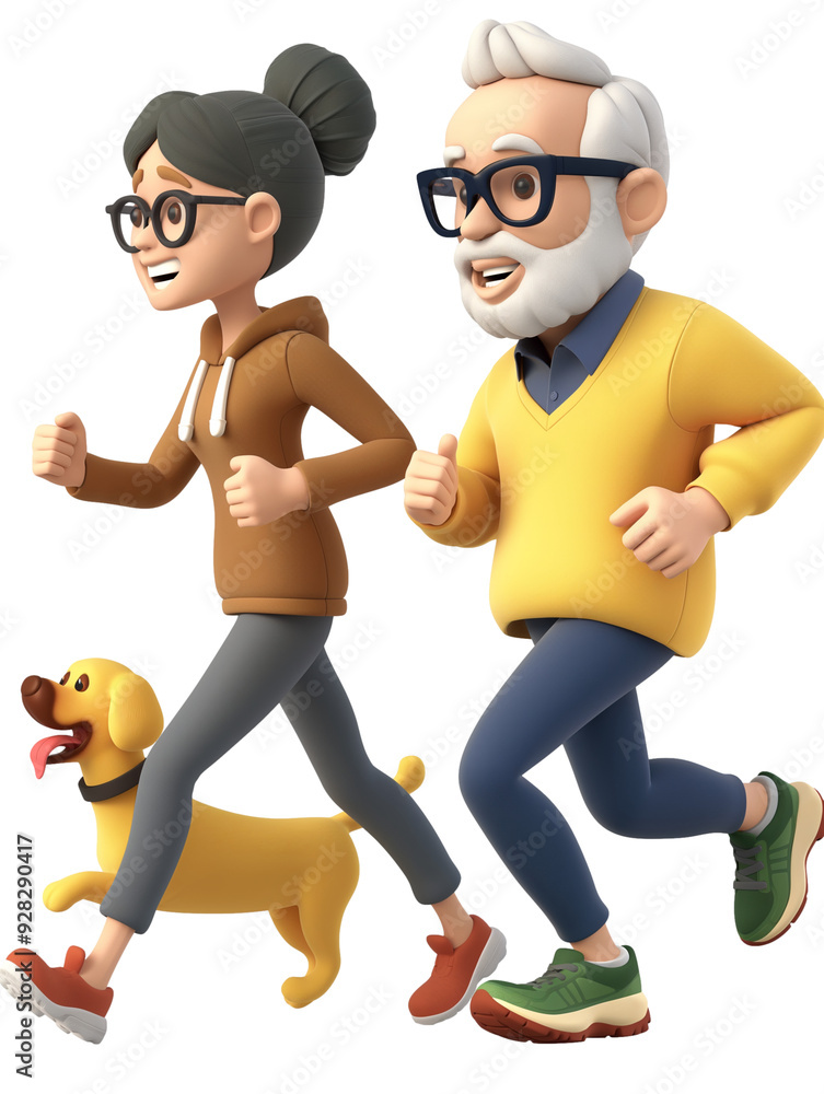 Daughter and grandfather jogging with dog, cartoon 3D Daughter and grandfather jogging with dog, cartoon 3D