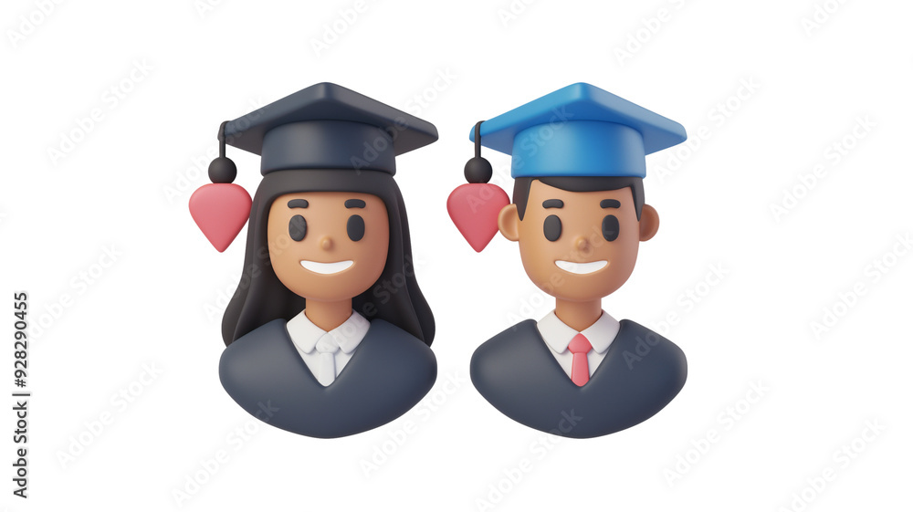 Graduation caps, male and female students, cartoon 3D Graduation caps, male and female students, cartoon 3D
