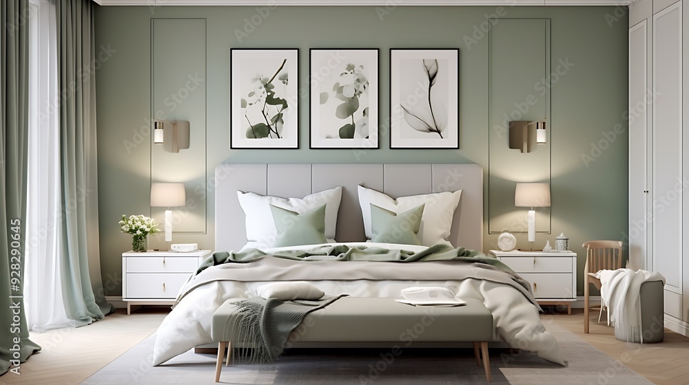 Stylish bedroom with a calming sage green and white design Stylish bedroom with a calming sage green and white design