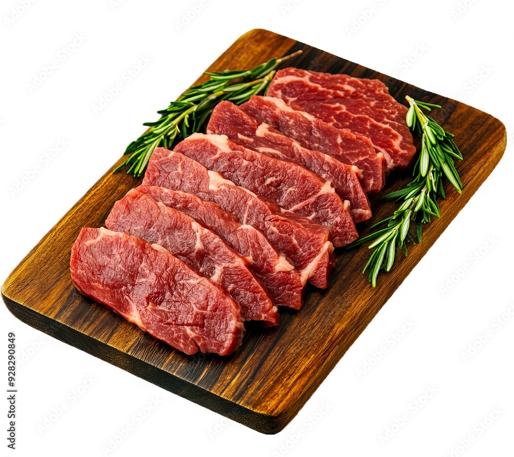 A wooden cutting board topped with sliced meat and rosemary sprigs A wooden cutting board topped with sliced meat and rosemary sprigs