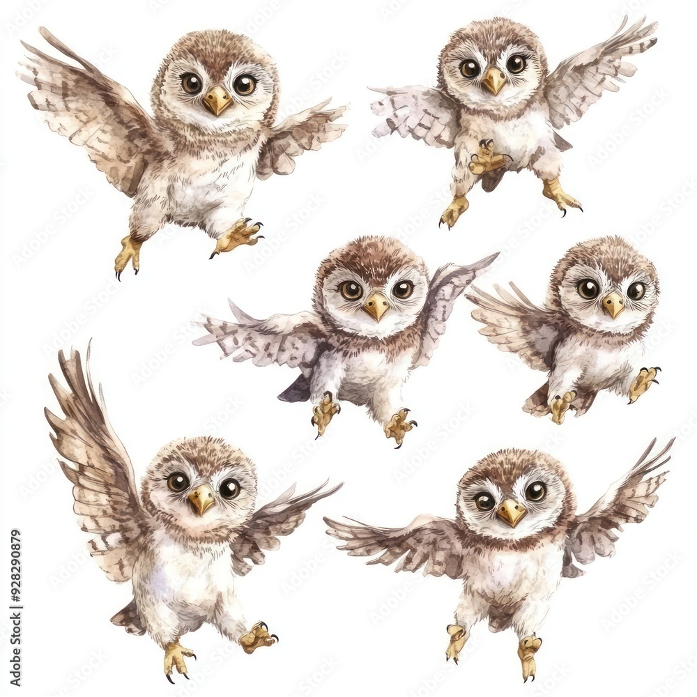 Fototapeta premium A collection of cute, illustrated baby owls in various poses.