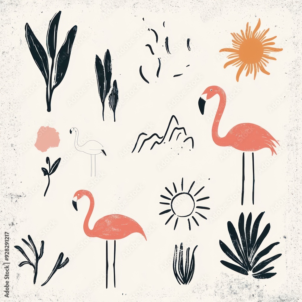 A whimsical illustration featuring flamingos, plants, mountains, and suns. A whimsical illustration featuring flamingos, plants, mountains, and suns.