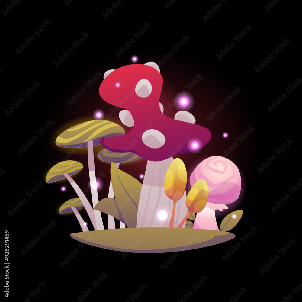 Glowing fantasy alien mushrooms group, vector cartoon magic unusual fungi fly agaric, toadstool, fantastic game fungus Glowing fantasy alien mushrooms group, vector cartoon magic unusual fungi fly agaric, toadstool, fantastic game fungus