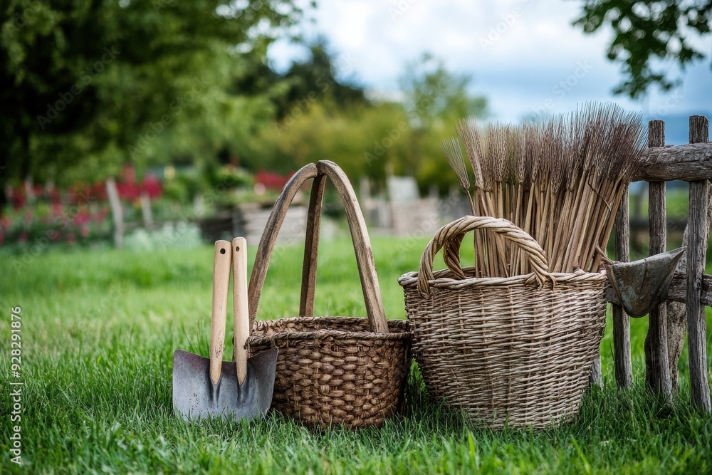 Farm Tools in Use: Capture the tools used for farming, like hoes, baskets, or pruning shears Farm Tools in Use: Capture the tools used for farming, like hoes, baskets, or pruning shears