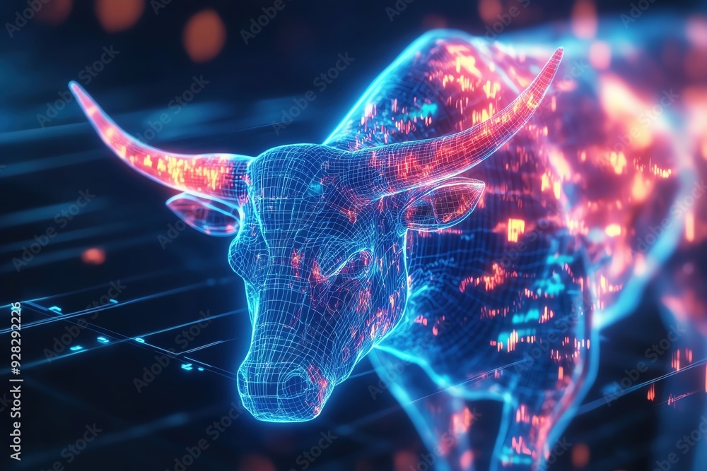 Bullish momentum, holographic bull symbol, volatile equities, futuristic financial performance display Bullish momentum, holographic bull symbol, volatile equities, futuristic financial performance display
