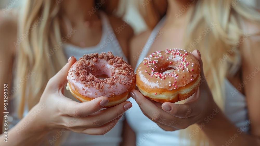 Closeup image of a young couple women holding and eating donuts together Closeup image of a young couple women holding and eating donuts together