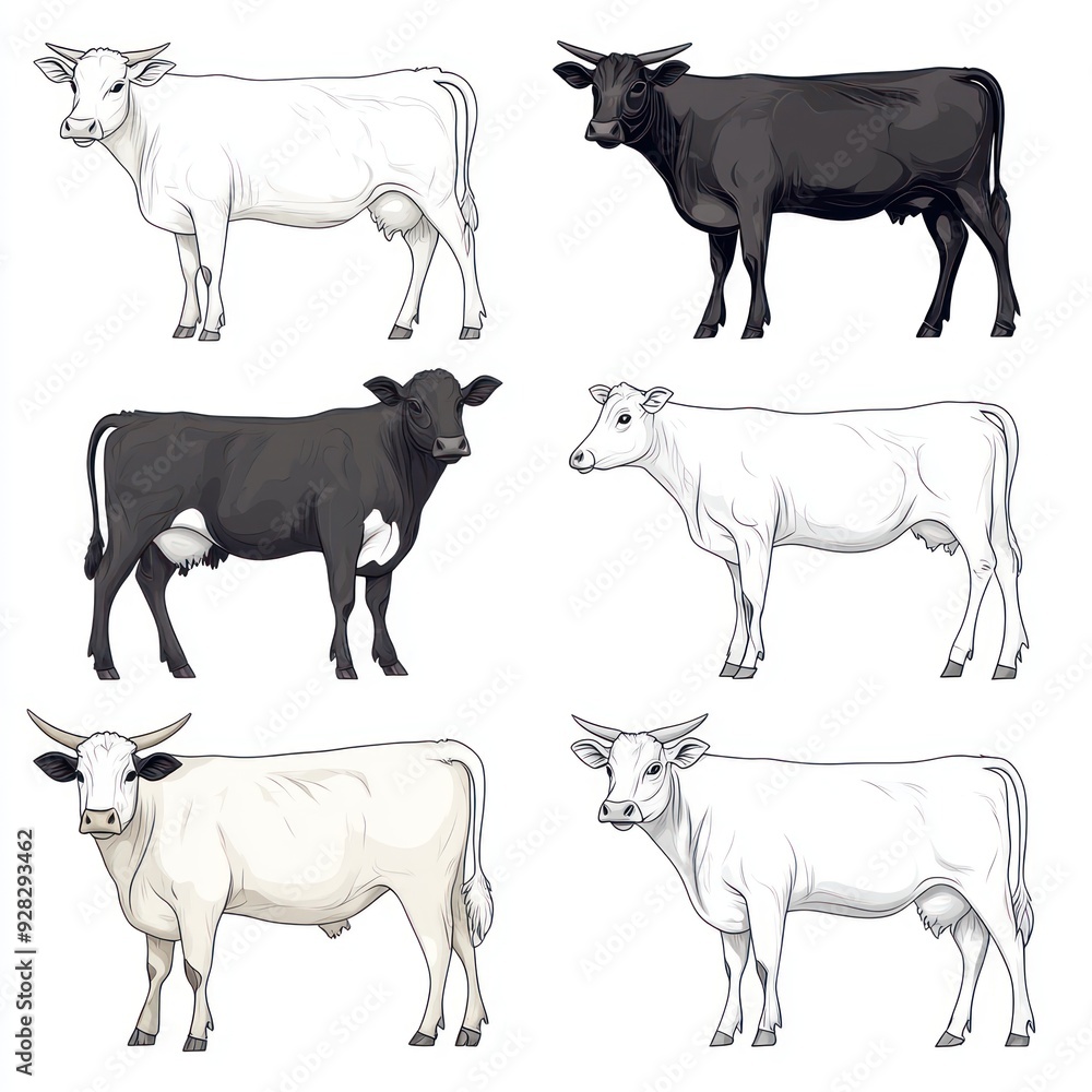Fototapeta premium A collection of illustrated cows in various colors and patterns.