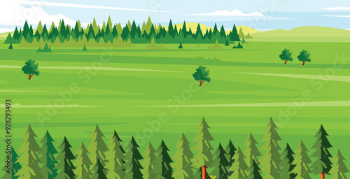 vector illustration of grassland scenery behind pine forest