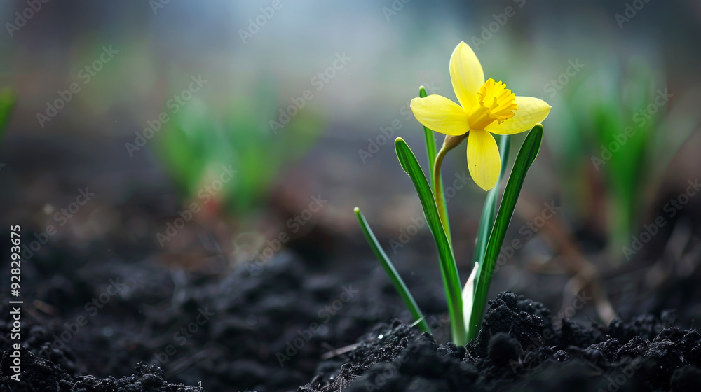 Obraz premium A single yellow daffodil flower blooms in the spring.