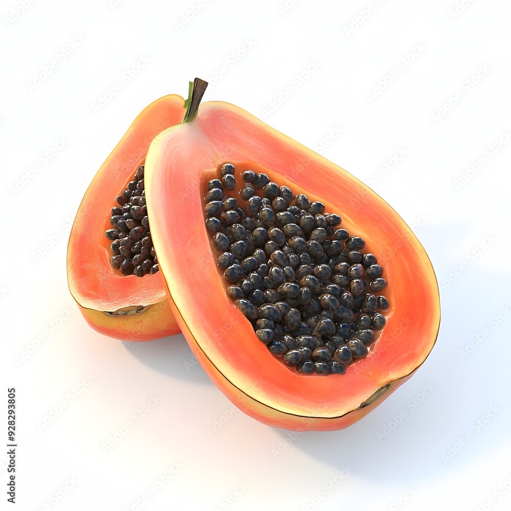 Halved papaya fruit with visible seeds on a clean white background rendered in a watercolor digital painting style Healthy tropical and natural food Halved papaya fruit with visible seeds on a clean white background rendered in a watercolor digital painting style Healthy tropical and natural food