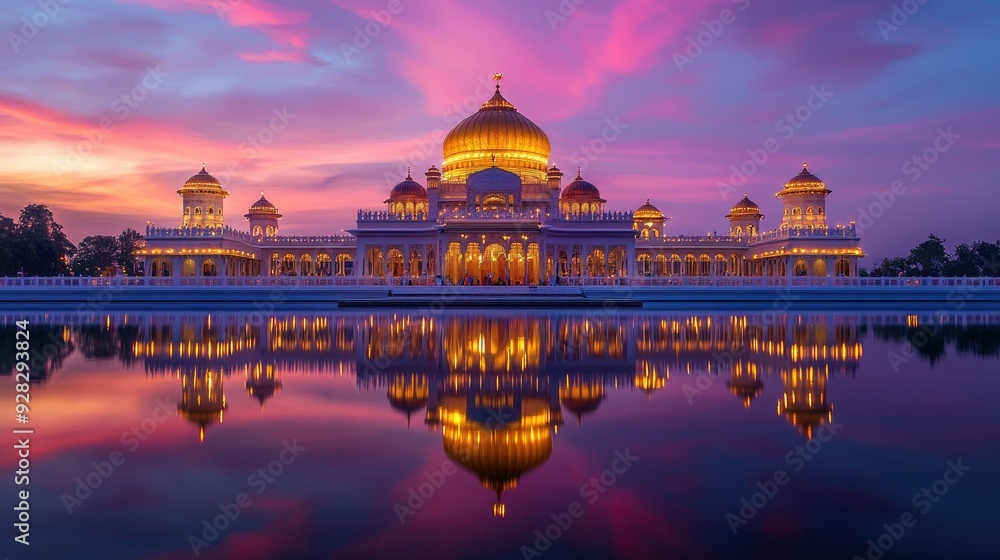 Obraz premium Golden dome of a Sikh gurdwara illuminated at dusk, reflecting the vibrant colors of the sky and the spiritual warmth of faith