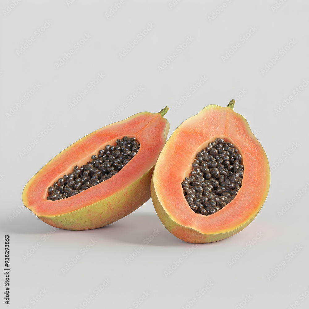 Vibrant halved papaya fruit with visible seeds on a clean white watercolor style background Healthy tropical food ingredient with natural organic and minimalist aesthetics Vibrant halved papaya fruit with visible seeds on a clean white watercolor style background Healthy tropical food ingredient with natural organic and minimalist aesthetics
