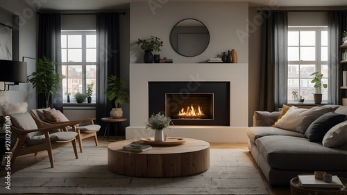 Modern fireplace minimalist scandinavn inspired living room interior design, dark color theme, home decor interior architecture 