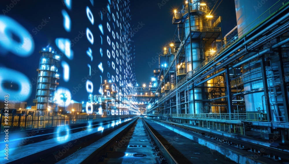 Obraz premium Industrial Facility with Binary Code at Night