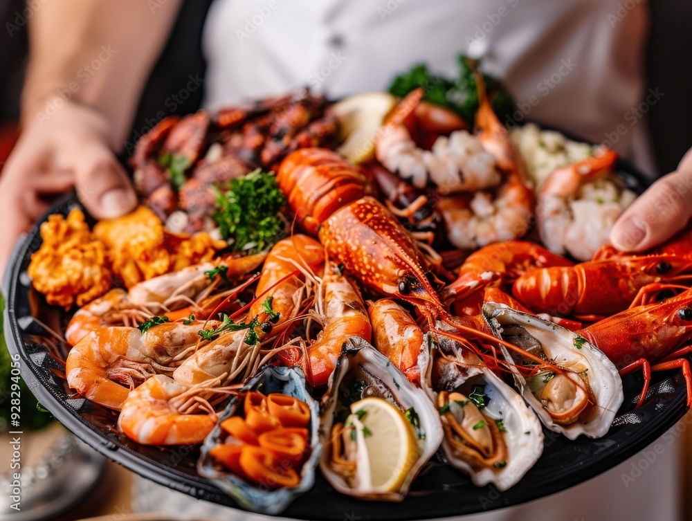 Exquisite Seafood Platter Served with Elegance Fine Dining Experience with Copy Space Exquisite Seafood Platter Served with Elegance Fine Dining Experience with Copy Space