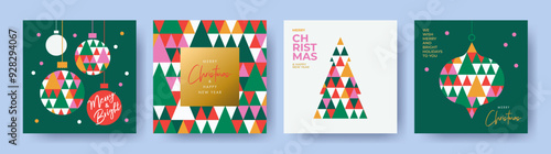 Bright Christmas Set of greeting cards, posters, holiday covers. Geometric style Xmas design with stylized Christmas Tree and Christmas triangles pattern in red, green, yellow, pink, white colors.