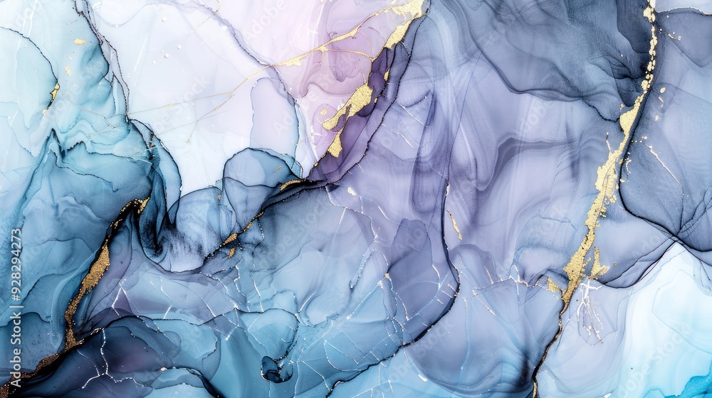 Naklejka premium Abstract Blue and Purple Watercolor Painting with Gold Accents