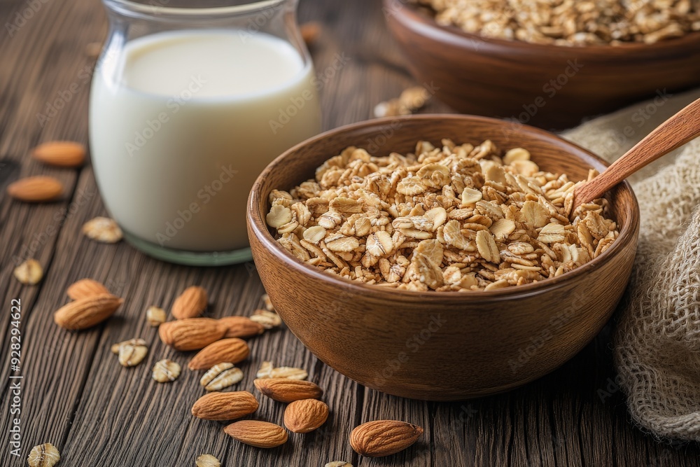 glass milk granola bowl almonds wooden table glass milk granola bowl almonds wooden table