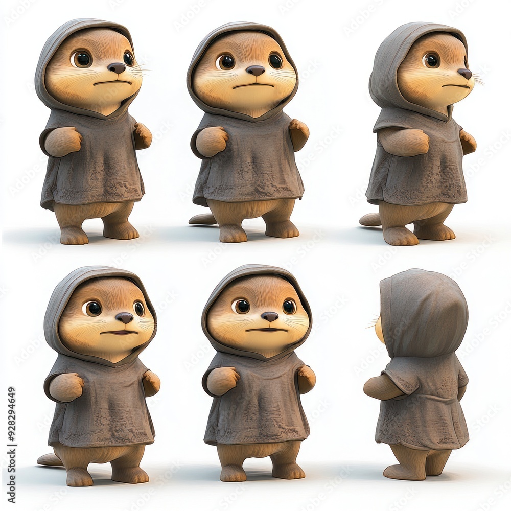 A cute cartoon otter character wearing a hooded garment, shown from multiple angles. A cute cartoon otter character wearing a hooded garment, shown from multiple angles.