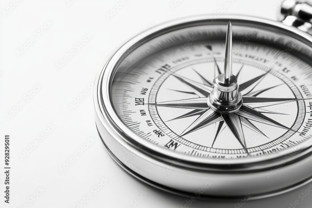 Silver Compass Close-Up on White Background Silver Compass Close-Up on White Background