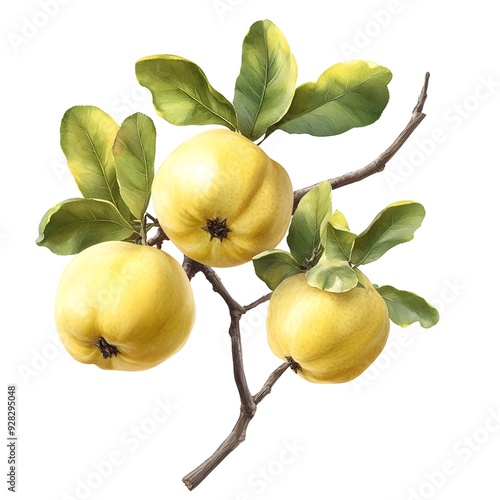 A beautifully rendered 3D of a single quince fruit with vibrant yellow skin and green leaves set against a clean white watercolor style background  This image evokes a sense of natural photo