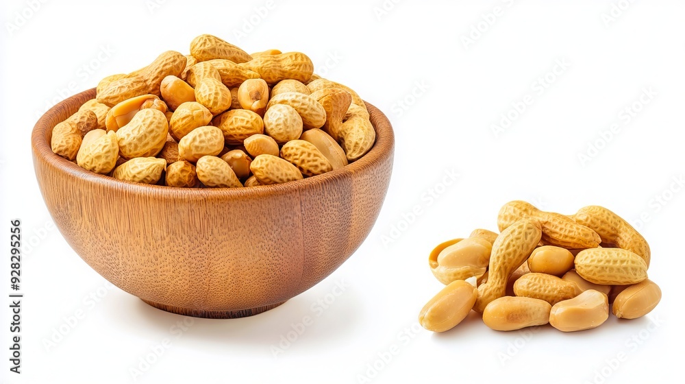 A wooden bowl filled with peanuts next to a pile of peanuts A wooden bowl filled with peanuts next to a pile of peanuts