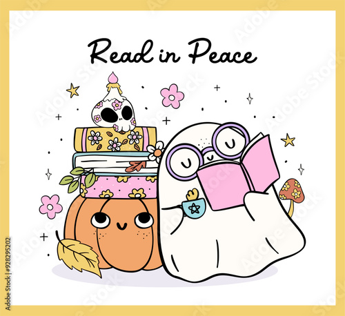 Groovy Reading ghost with coffee Halloween Bookish Trendy Retro Book lover Pastel Cartoon Doodle