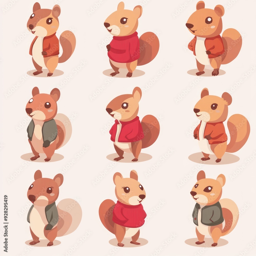 A colorful grid of cartoon squirrels in various poses and outfits. A colorful grid of cartoon squirrels in various poses and outfits.