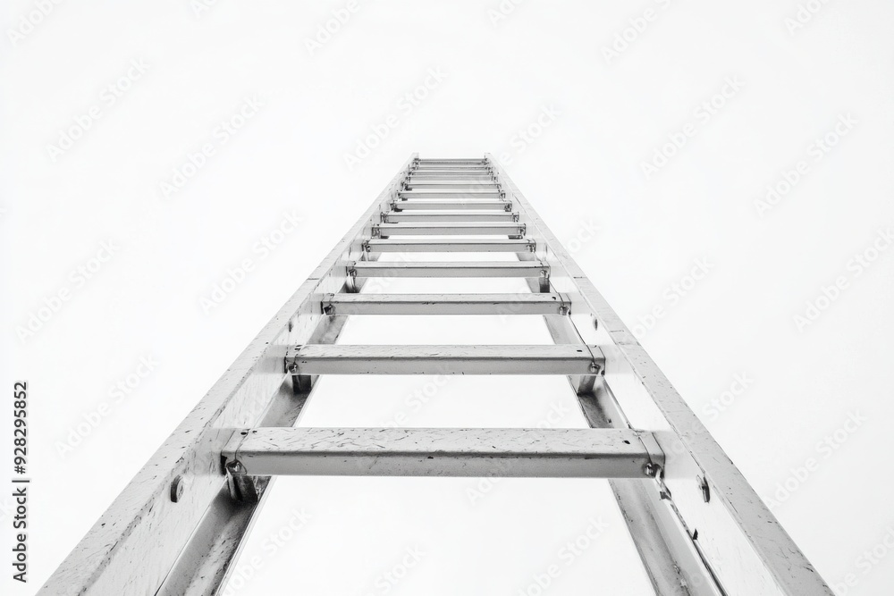 Looking Up a Tall Metal Ladder Against White Background Looking Up a Tall Metal Ladder Against White Background