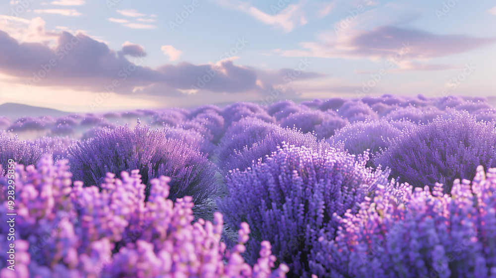 Fototapeta premium A field of blooming lavender with dense bushes illuminated by gentle light against a cloudy sky