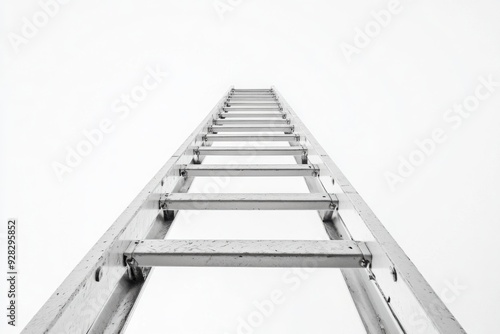 Looking Up a Tall Metal Ladder Against White Background