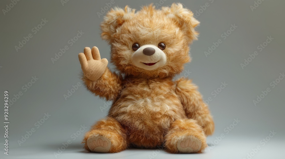cute brown toy bear with waving hand on white background cute brown toy bear with waving hand on white background