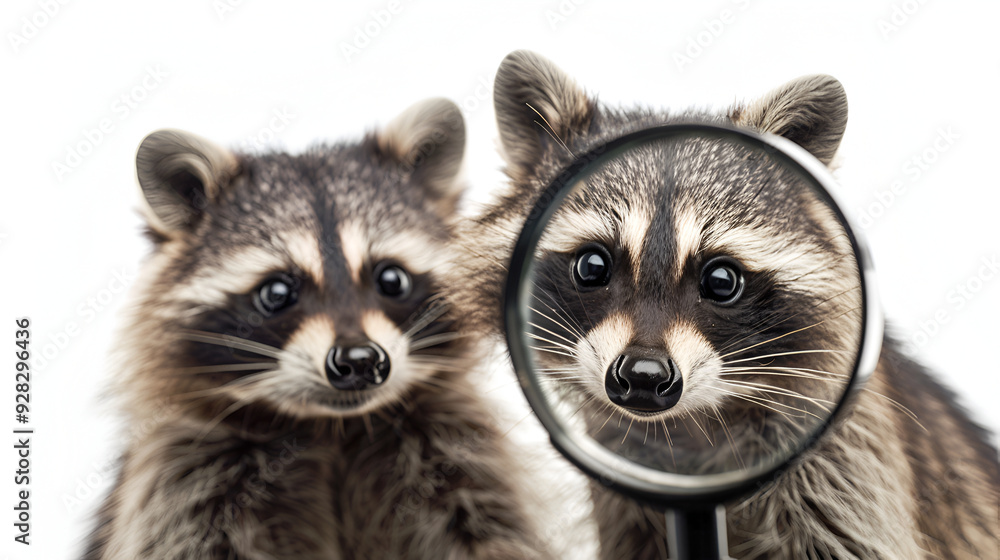 Portrait of a two funny curious raccoons looking through a magnifying glass isolated on a white background,Portrait of two raccoons closeup isolated on white background ,racoon hold magnify glass Portrait of a two funny curious raccoons looking through a magnifying glass isolated on a white background,Portrait of two raccoons closeup isolated on white background ,racoon hold magnify glass