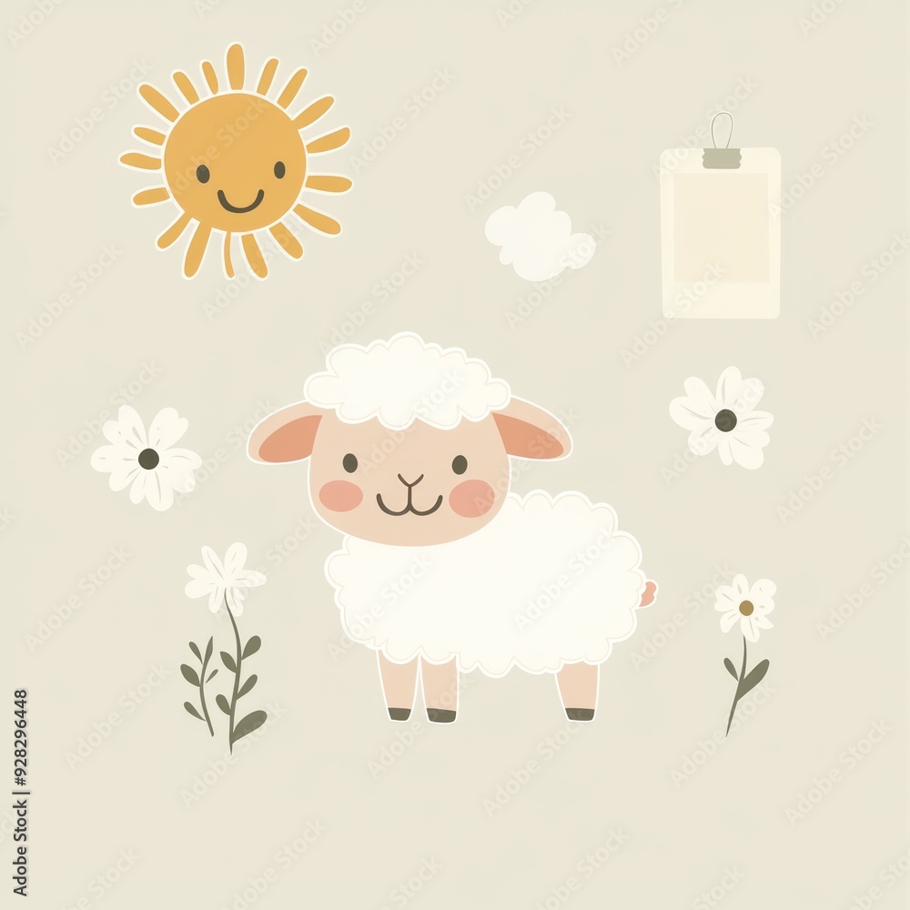 A cute illustration featuring a sheep, sun, clouds, and flowers on a light background. A cute illustration featuring a sheep, sun, clouds, and flowers on a light background.
