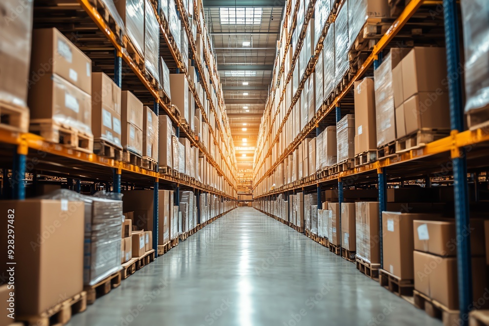 Rows of stacked boxes in a warehouse aisle. Rows of stacked boxes in a warehouse aisle.