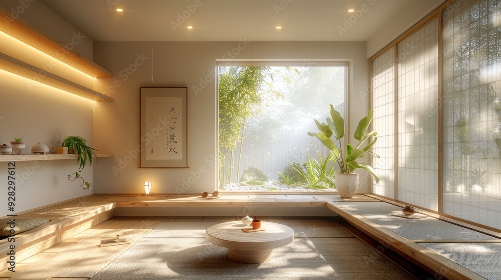 Minimalist tea room with low table, built-in bench, large window. Minimalist tea room with low table, built-in bench, large window.