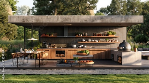 Minimalist outdoor kitchen with built-in pizza oven, concrete countertop, open shelving.