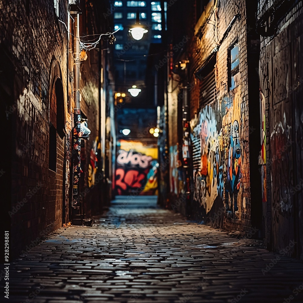 Fototapeta premium A dimly lit passageway paved with cobblestones, bordered by weathered brick walls splashed with colorful street art.