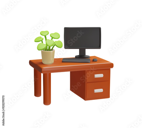 3d icon office desk with computer and plant vector illustration