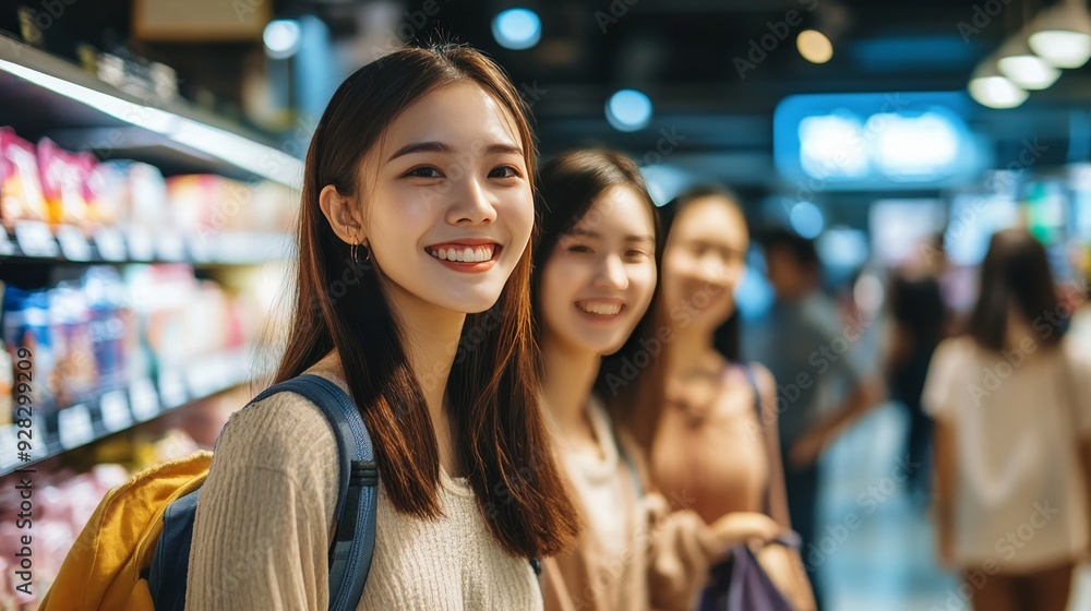 Close friends enjoying a fun shopping spree together in a lively store environment Close friends enjoying a fun shopping spree together in a lively store environment