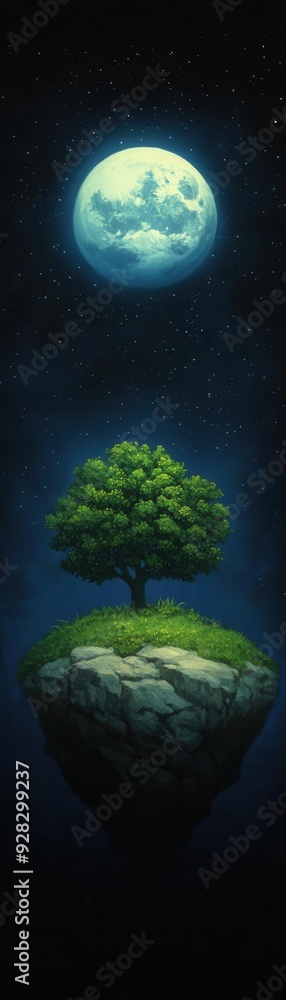 A serene floating island with a lush tree under a glowing moon, creating a tranquil and dreamy atmosphere. A serene floating island with a lush tree under a glowing moon, creating a tranquil and dreamy atmosphere.