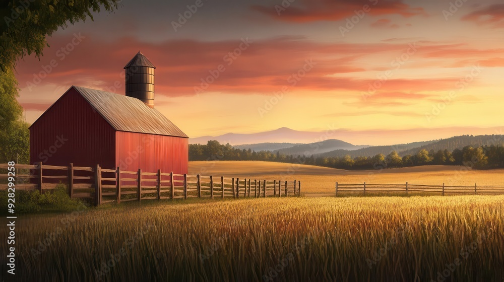 A serene countryside scene featuring a red barn, golden fields, and rolling hills under a colorful sunset sky. A serene countryside scene featuring a red barn, golden fields, and rolling hills under a colorful sunset sky.