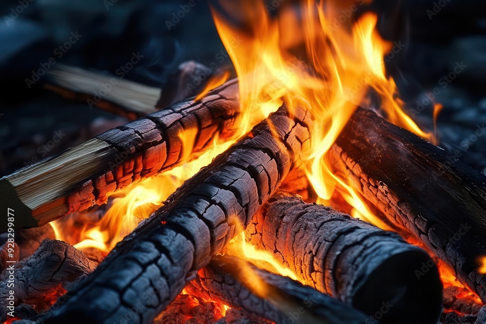 Captivating flames dance over charred logs, creating a warm and inviting atmosphere perfect for camping or outdoor gatherings. Captivating flames dance over charred logs, creating a warm and inviting atmosphere perfect for camping or outdoor gatherings.