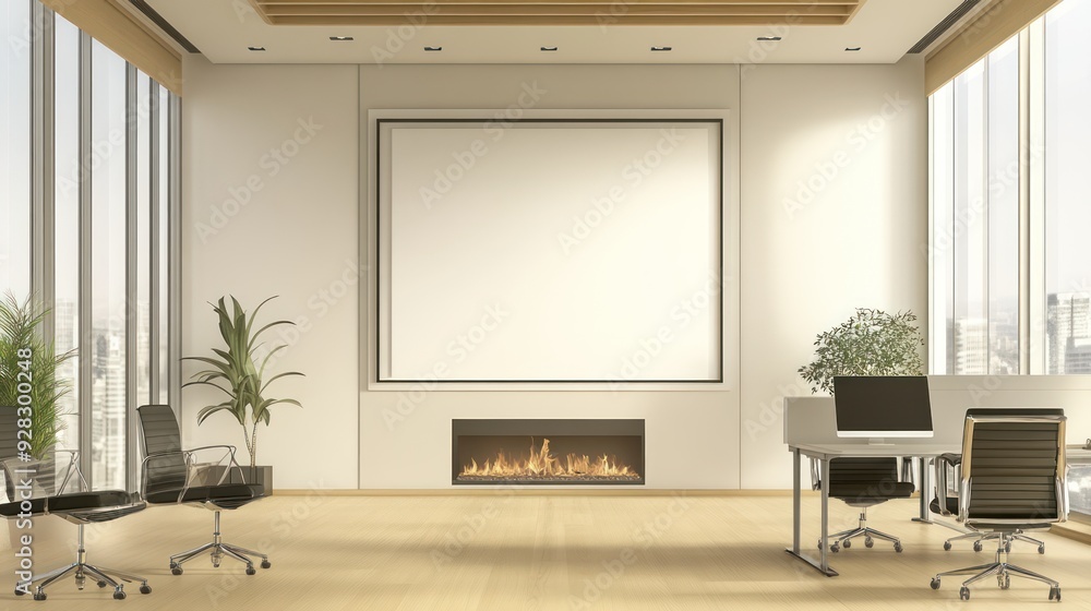 A large white wall with a fireplace and a projector screen A large white wall with a fireplace and a projector screen