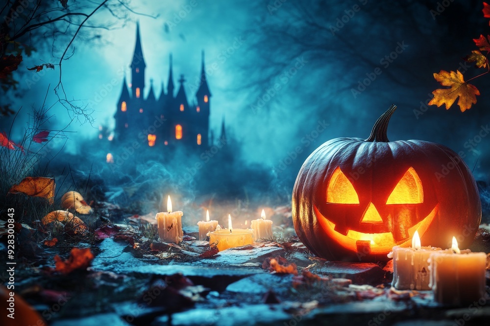 Halloween background with scary pumpkins candles in the graveyard at night with a castle background Halloween background with scary pumpkins candles in the graveyard at night with a castle background