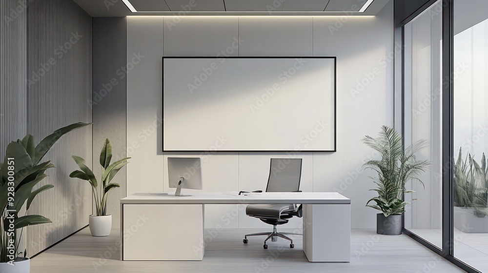 A clean and modern office with a large white board on the wall A clean and modern office with a large white board on the wall