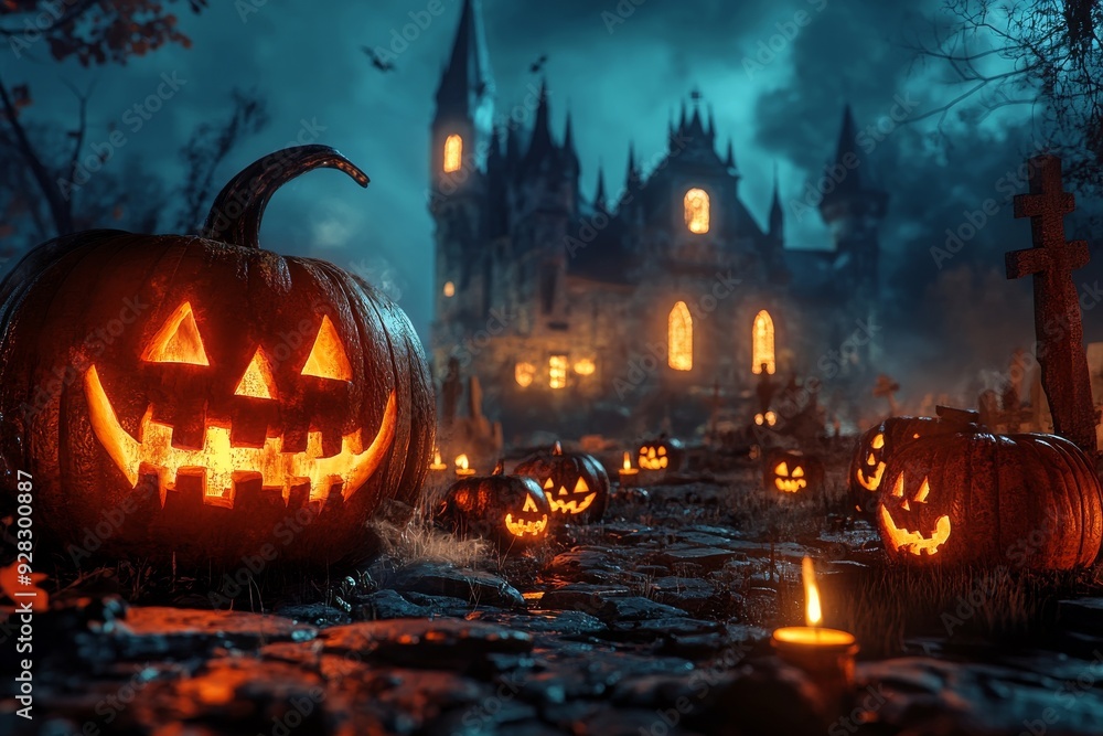 Halloween background with scary pumpkins candles in the graveyard at night with a castle background Halloween background with scary pumpkins candles in the graveyard at night with a castle background