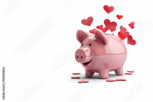 An adorable pink piggy bank with a delighted expression, releasing multiple red hearts, placed on a smooth white background representing love and happiness.